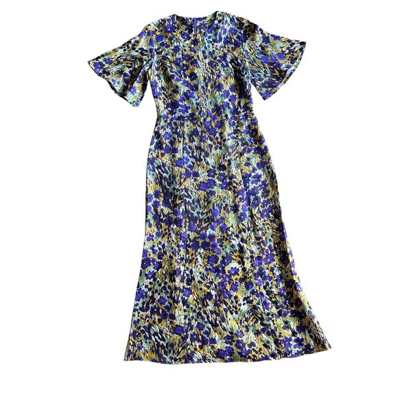 J.McLaughlin Silk Blend Midi Dress Size 0 Purple Floral Abstract Short Sleeve - Picture 9 of 9